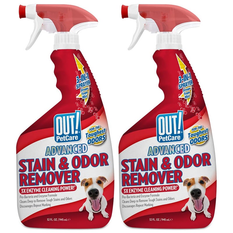 OUT! PetCare Pet Odor & Stain Remover Spray, Carpet & Floor Cleaner, Deodorizer for Dogs & Cats, Made in USA, 32 fl oz (2 Pack) - Image 1